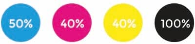 rijk zwart CMYK diep zwart-waarden in CMYK: C=50, M=40, Y=40, K=100